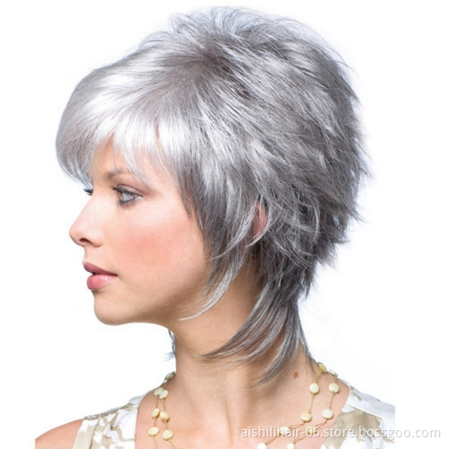 Synthetic hair silver gray color lolita wig short natural wave and kinky curly synthetic hair wigs for women